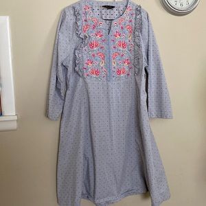 Yellow brand blue dress with pink embroidery